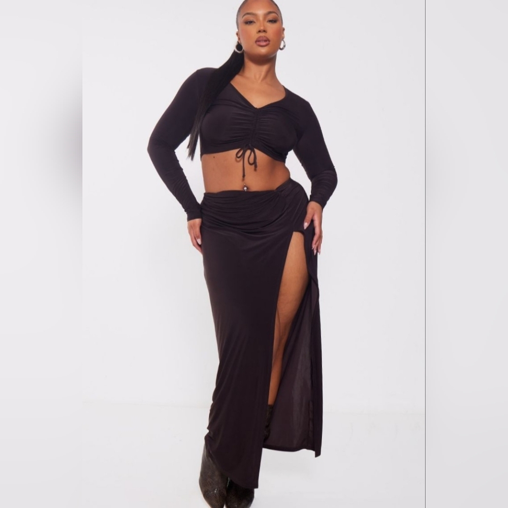 New! PrettyLittleThing Slinky Chocolate High Split Twist Waist Maxi Skirt 20